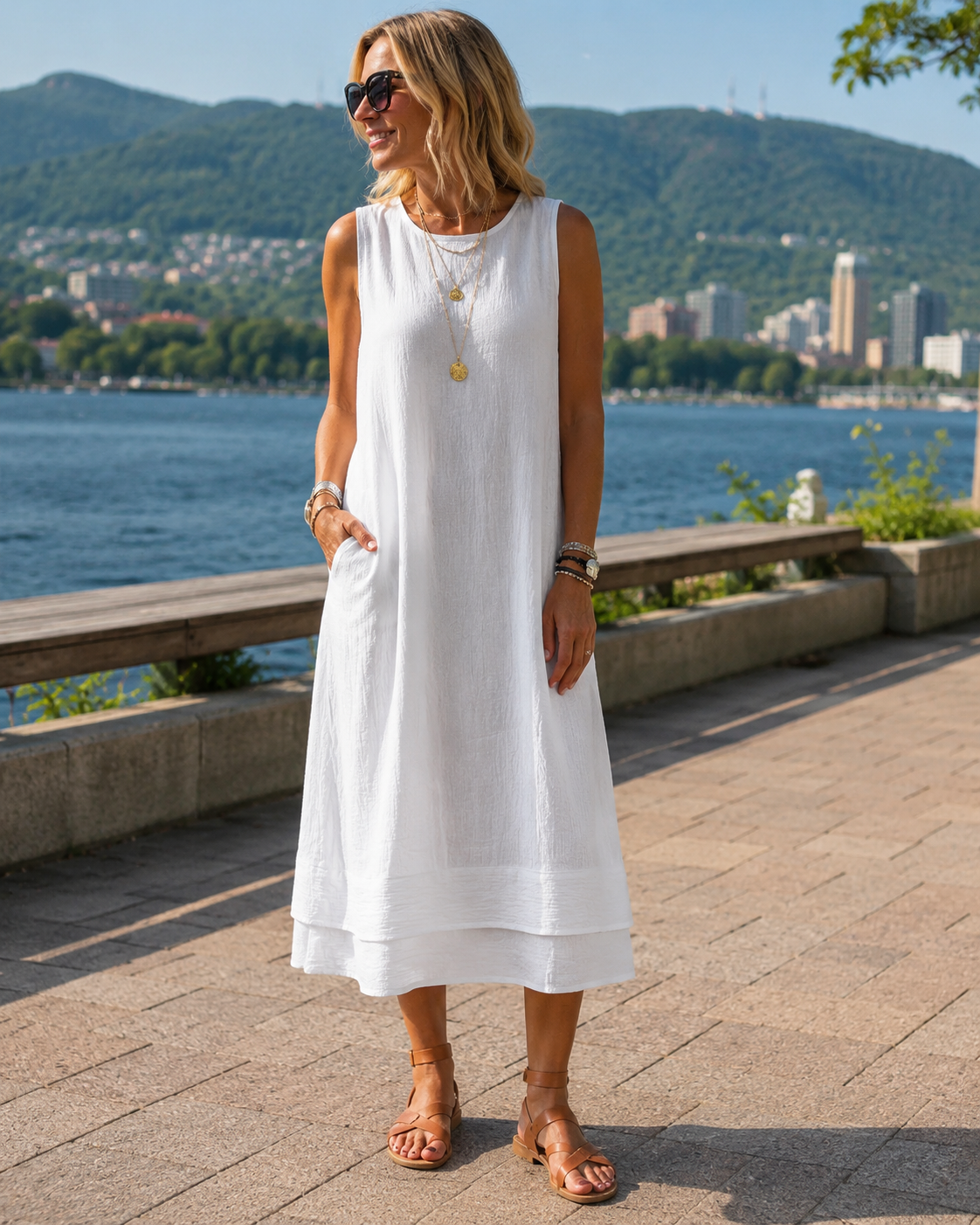 Vestido midi mujer sin mangas con bolsillos y bajo con volante
