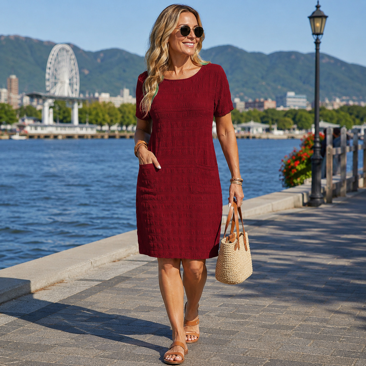 Vestido mujer texturizado con cuello redondo y bolsillos