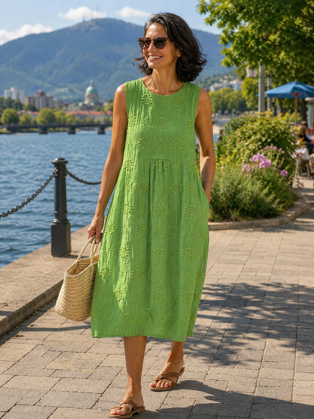 Vestido midi mujer sin mangas bordado con corte fluido