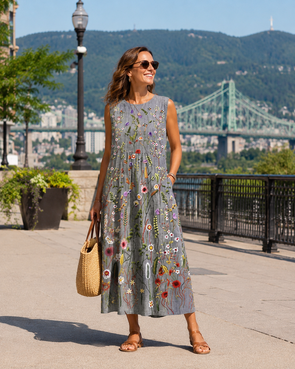 Vestido midi mujer viscosa floral sin mangas para verano