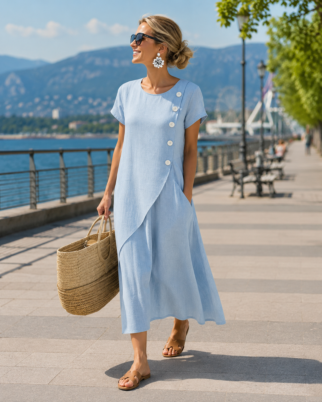 Vestido midi mujer efecto lino con botones asimétricos y bolsillos