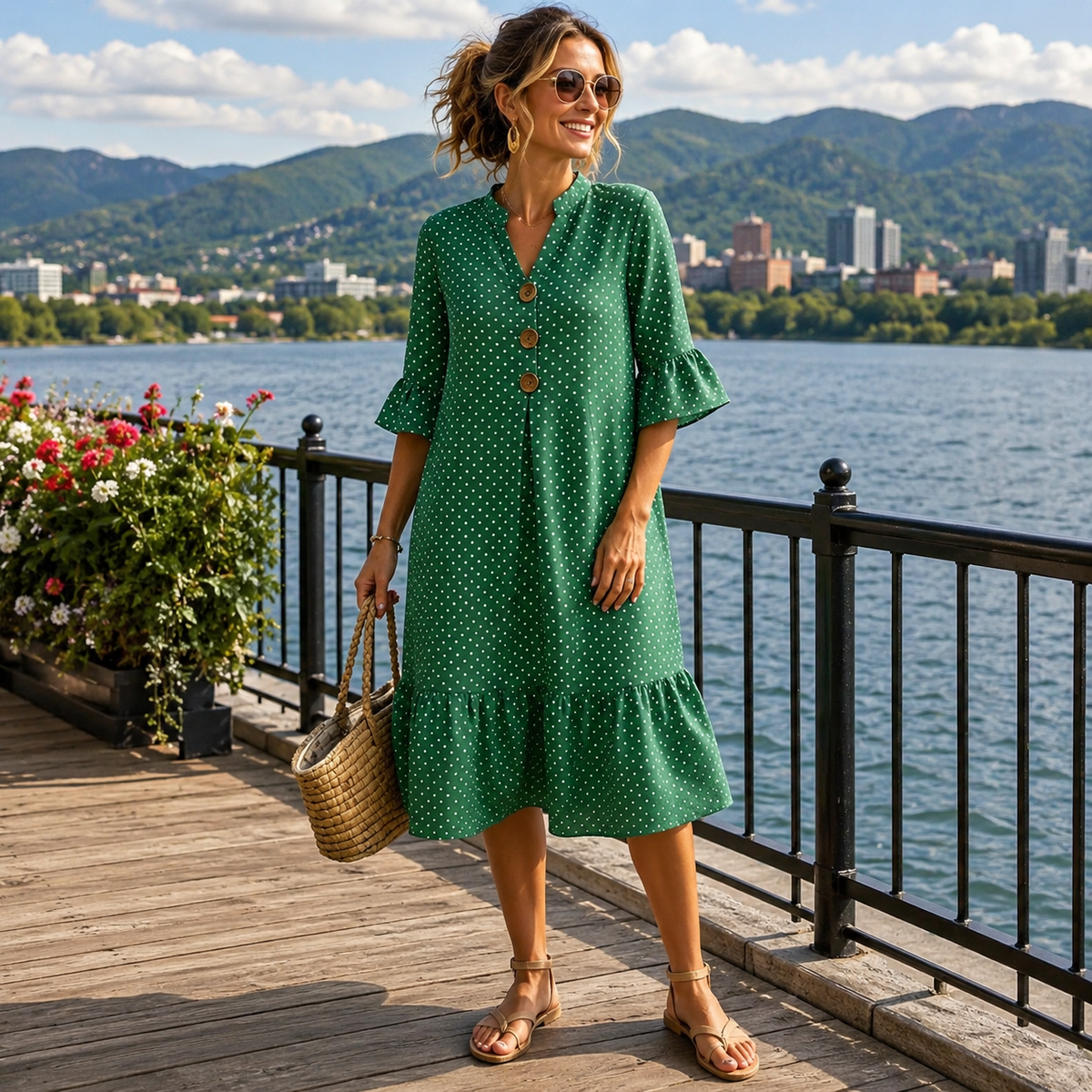 Vestido midi de mujer con estampado de lunares y mangas con volantes