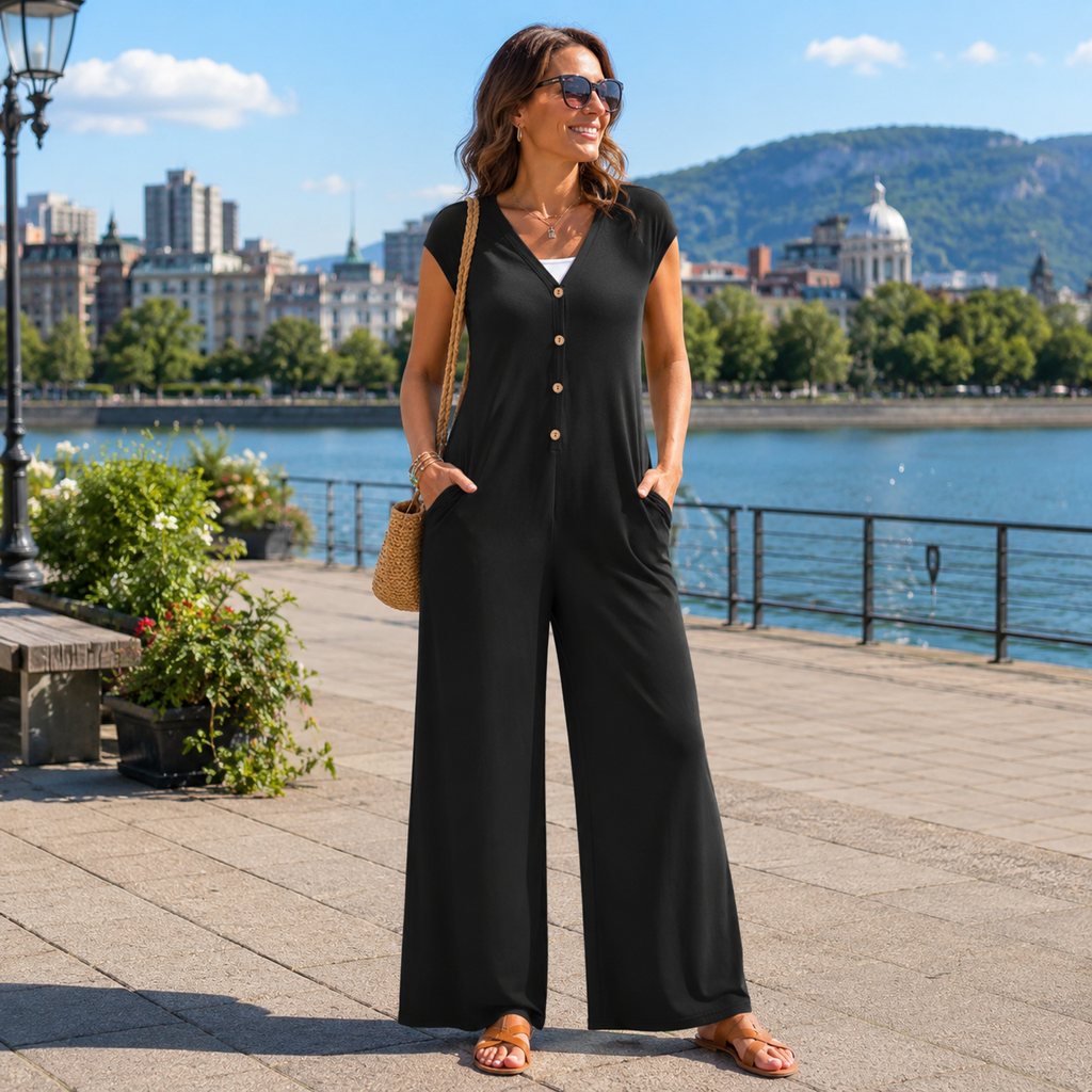 Mono de mujer con cuello en V, botones y pernera ancha