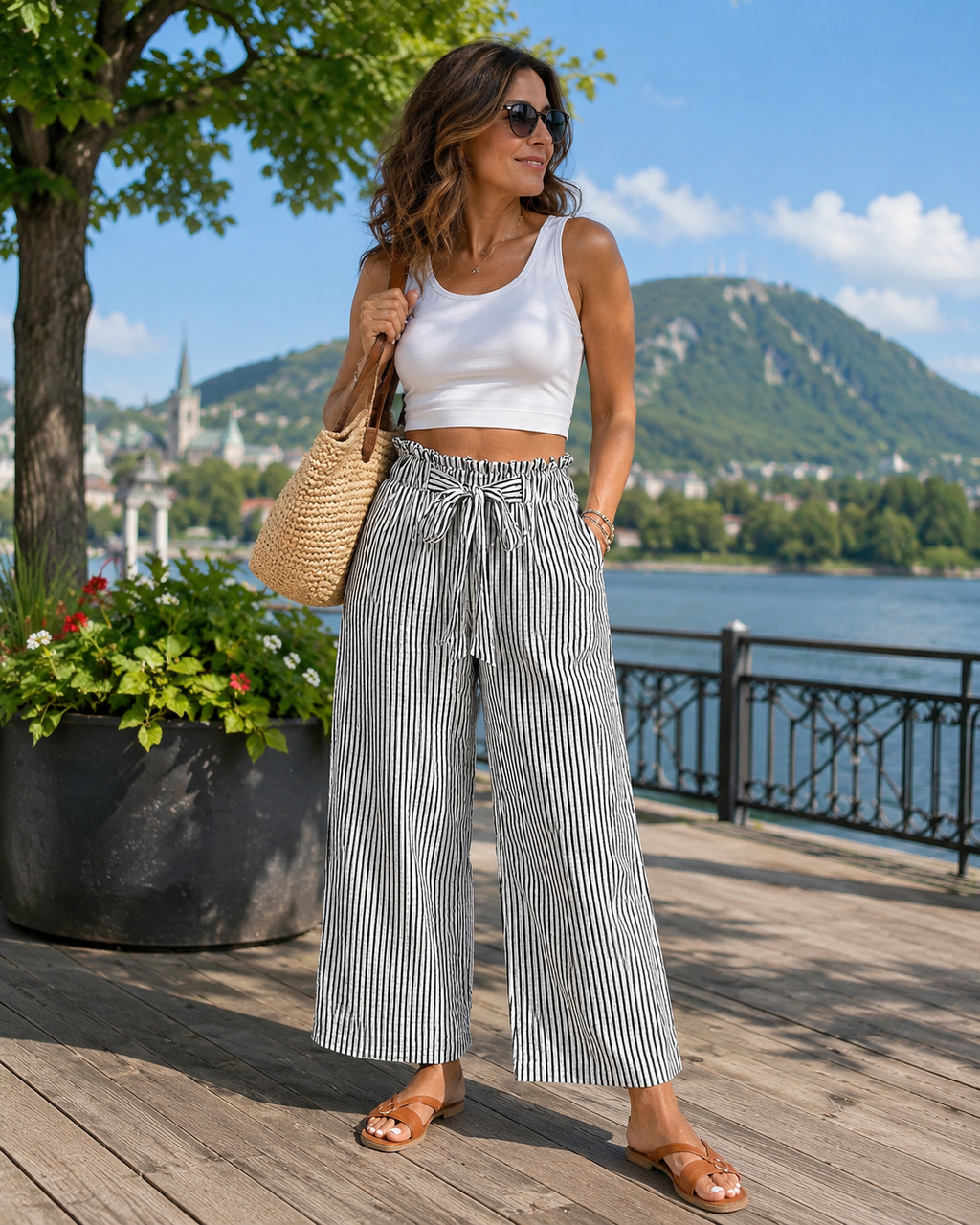 Pantalón de mujer de talle alto con rayas y pernera ancha
