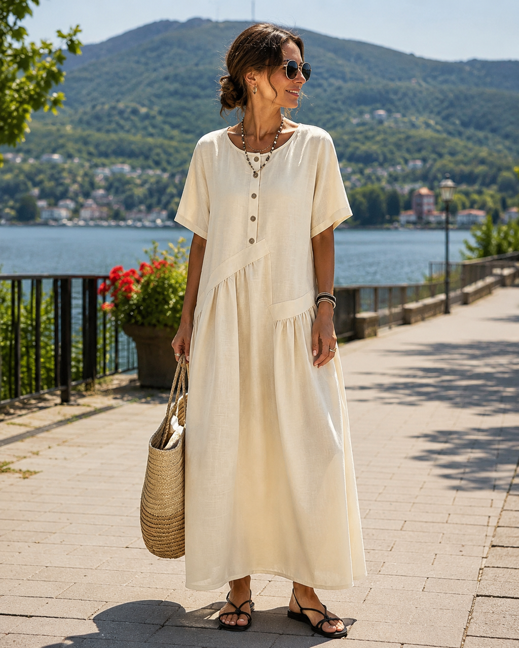 Vestido maxi mujer con botones efecto algodón-lino