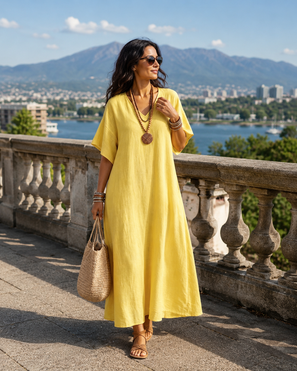 Vestido largo algodón lino con cuello en V para verano casual