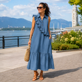 Vestido midi poliéster sin mangas con volantes para verano chic