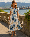 Vestido midi poliéster floral con cuello cruzado para cenas