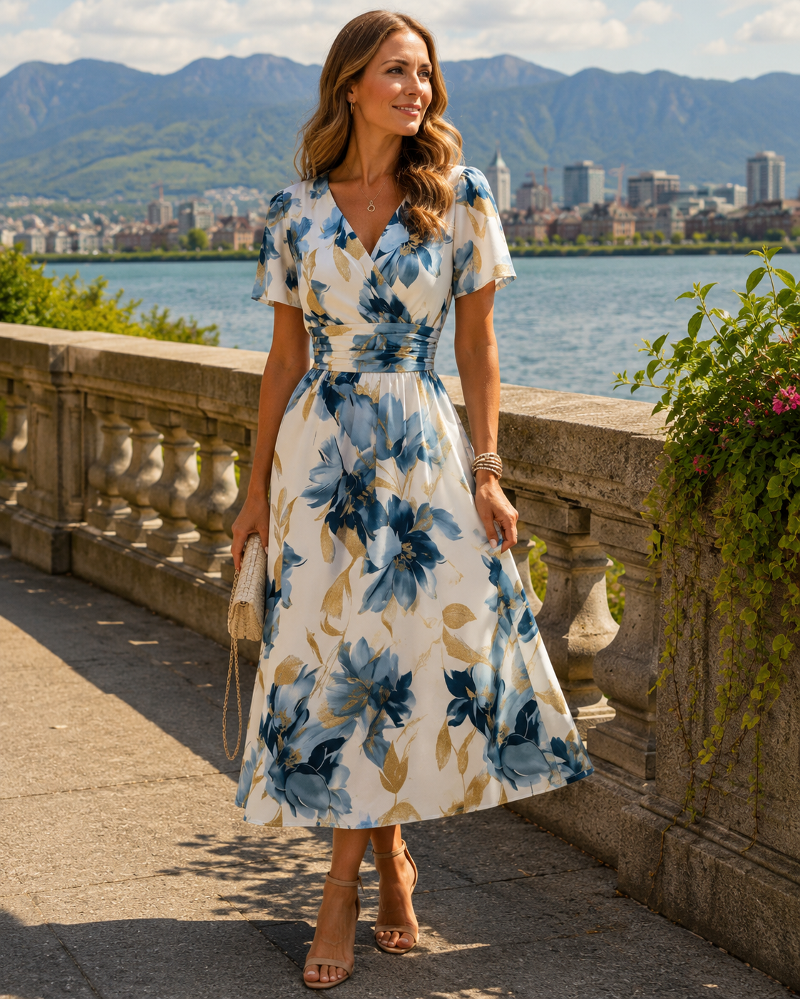 Vestido midi poliéster floral con cuello cruzado para cenas