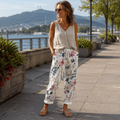 Pantalón mujer poliéster floral con cintura elástica verano casual