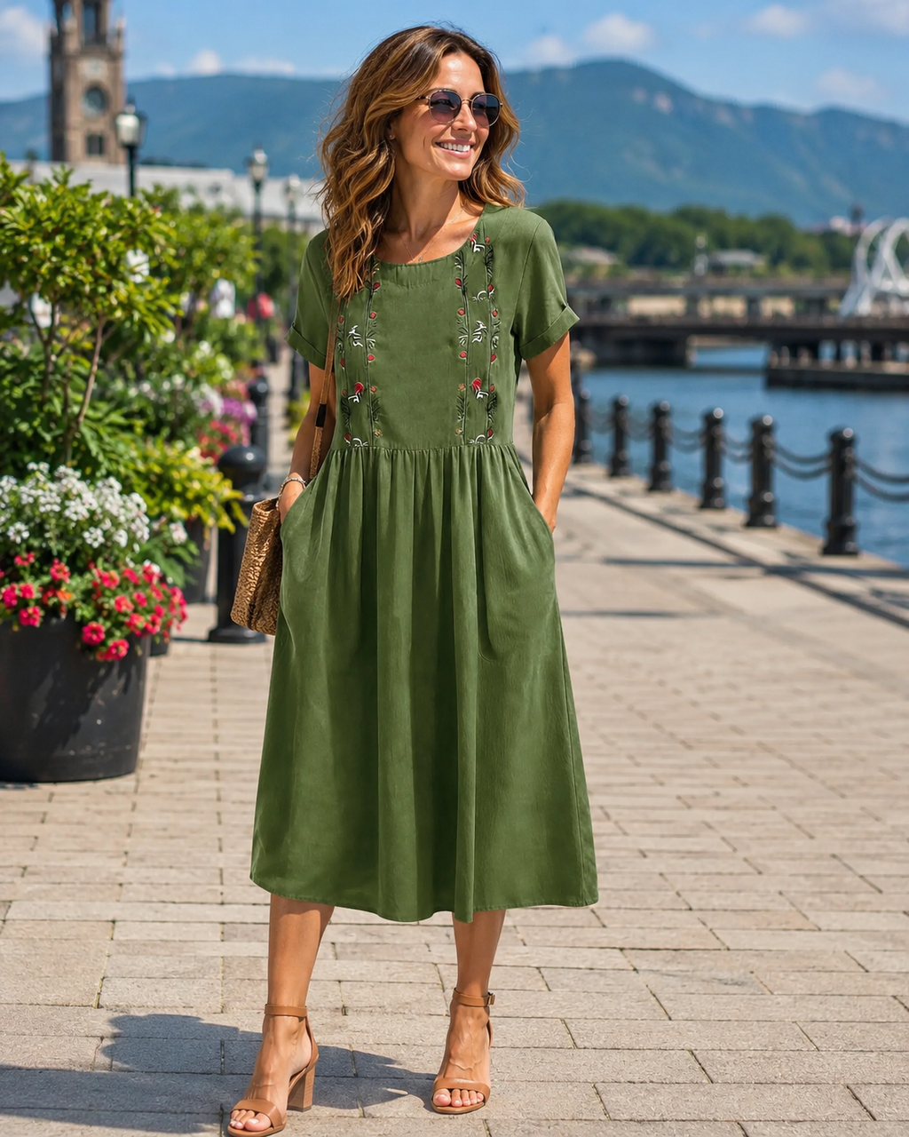 Vestido midi mujer algodón poliéster bordado y bolsillos verano
