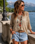 Top de mujer de crochet calado estilo bohemio con escote en V