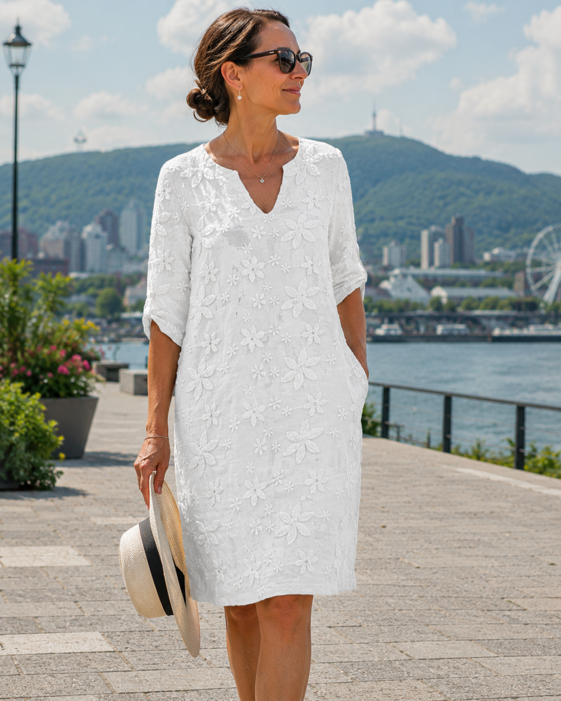 Vestido floral para mujer con escote en V y mangas tres cuartos