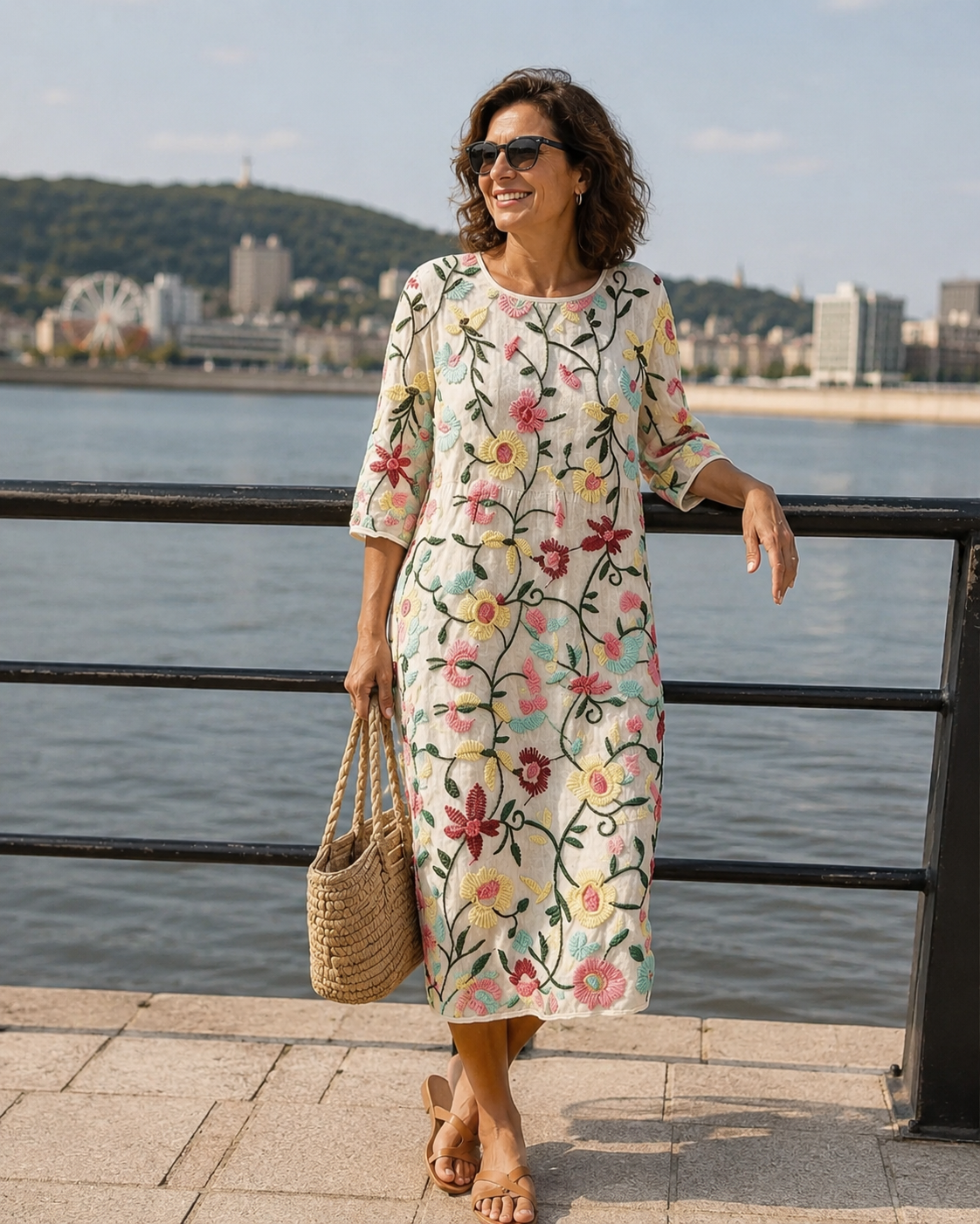 Vestido midi para mujer con flores bordadas y mangas tres cuartos
