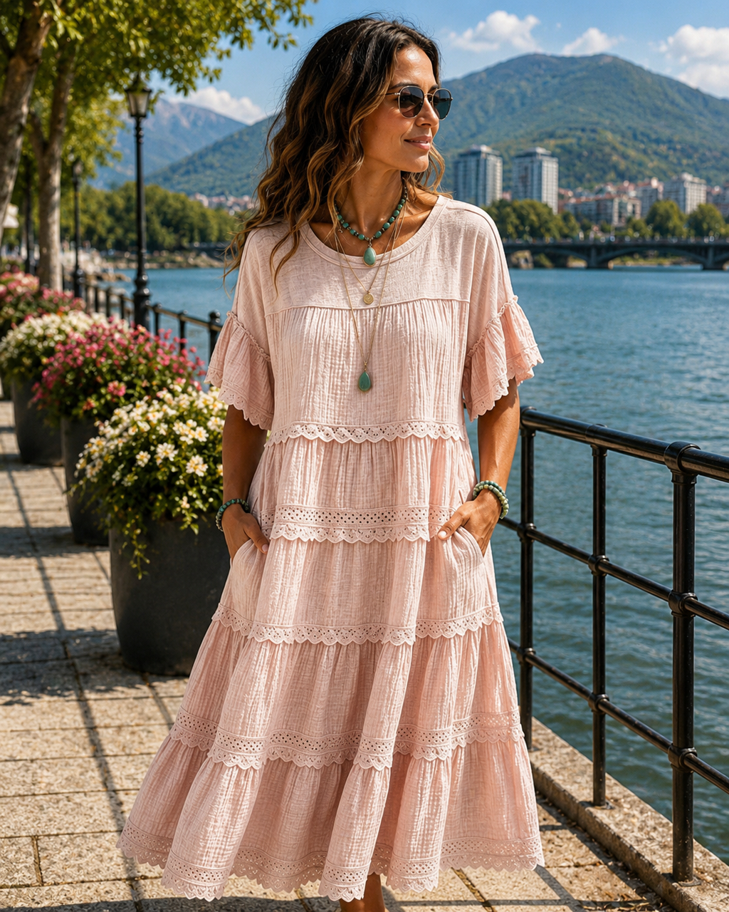 Vestido midi para mujeres de algodón y lino con volantes