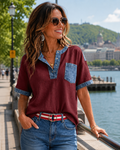 Top de mujer de algodón con escote en V y detalles en denim