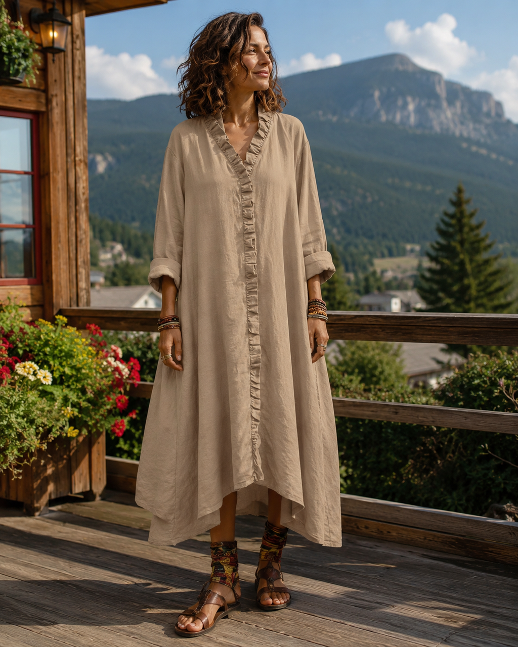 Vestido largo para mujer con cuello en V y volantes