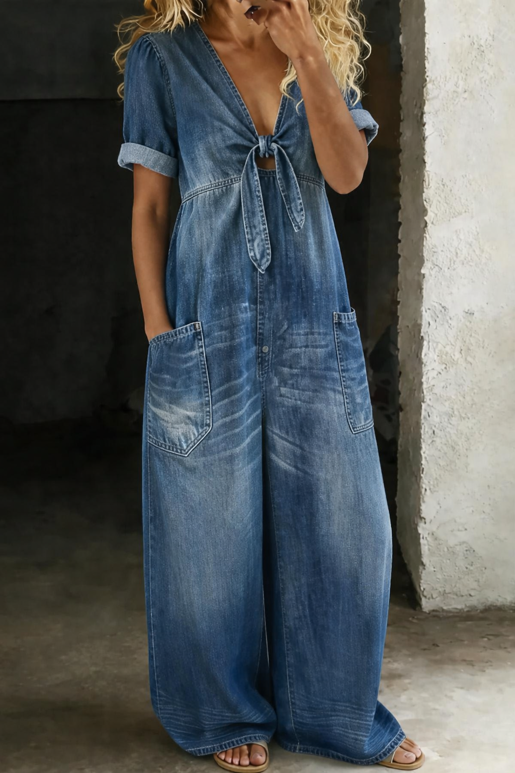 Mono denim para mujer con piernas anchas y corte fluido