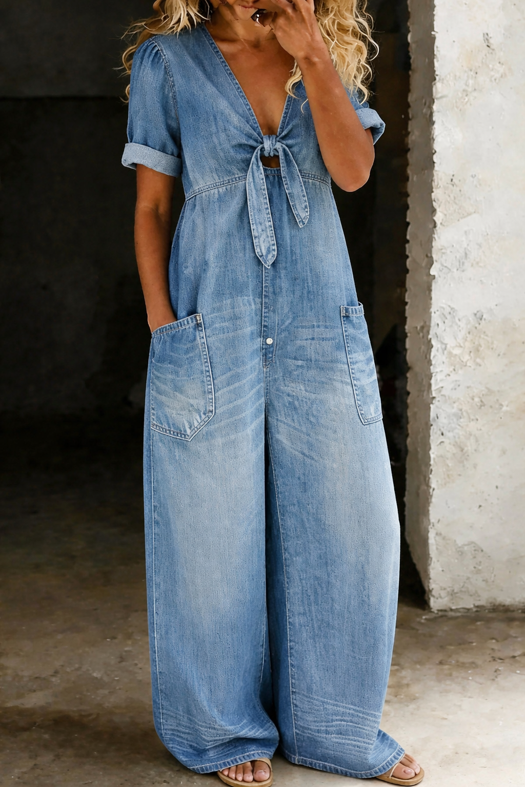 Mono denim para mujer con piernas anchas y corte fluido