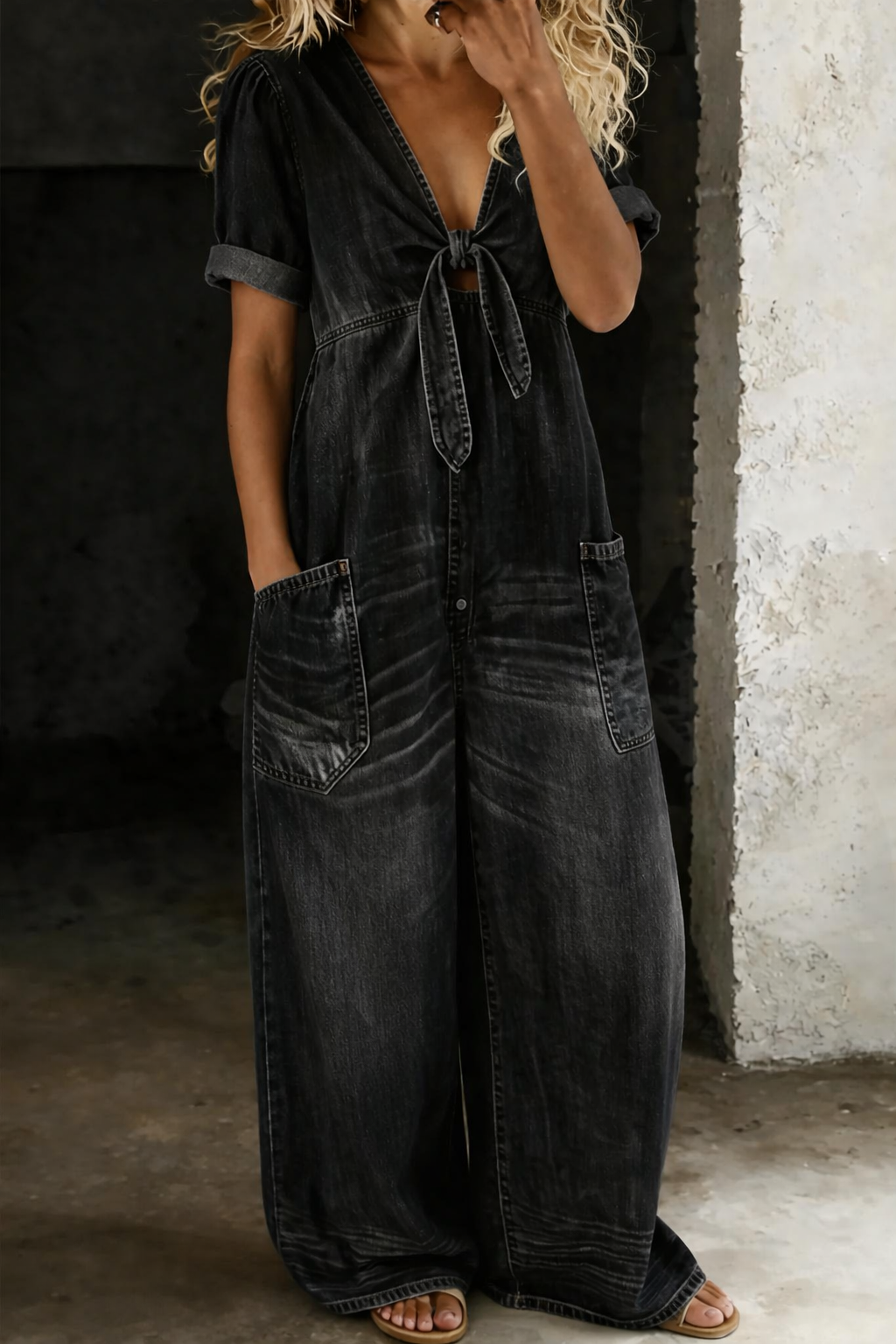 Mono denim para mujer con piernas anchas y corte fluido