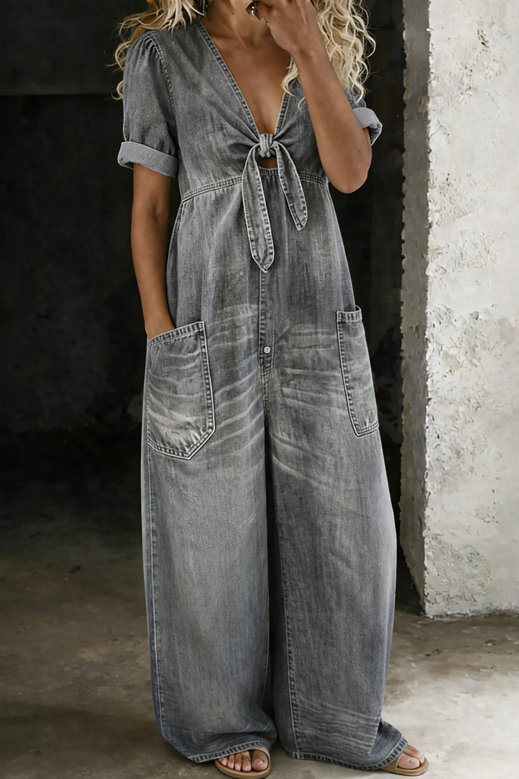 Mono denim para mujer con piernas anchas y corte fluido
