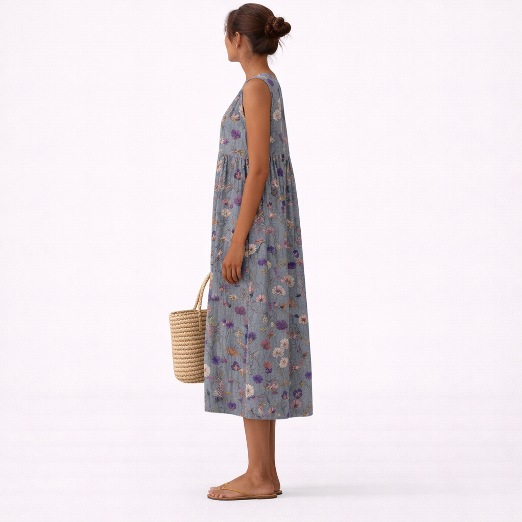 Vestido midi mujer algodón viscosa floral sin mangas casual