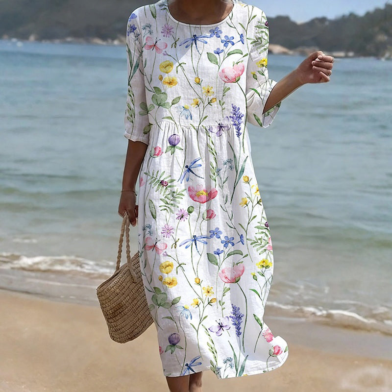 Vestido midi para mujer con estampado floral y mangas tres cuartos