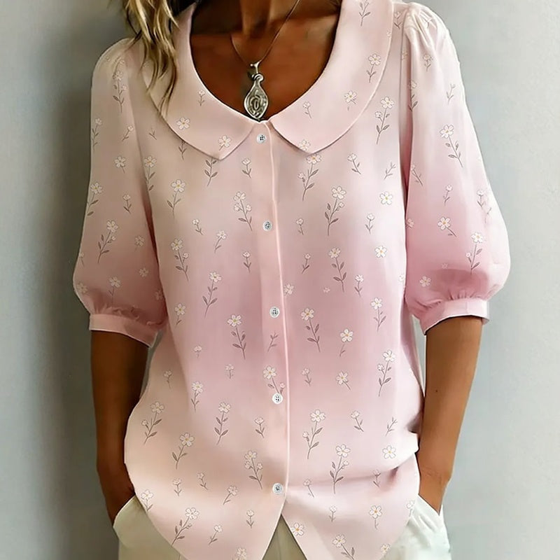 Blusa mujer floral con cuello Peter Pan y mangas abullonadas