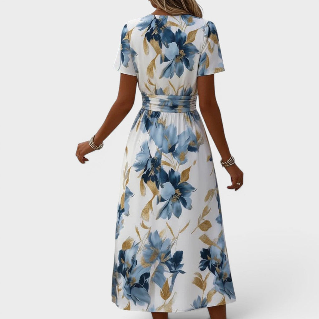Vestido midi poliéster floral con cuello cruzado para cenas