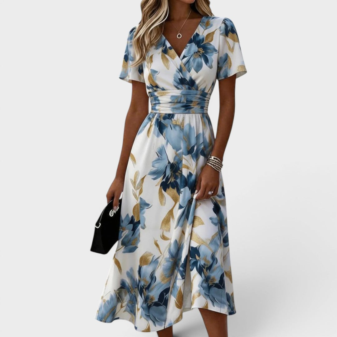 Vestido midi poliéster floral con cuello cruzado para cenas