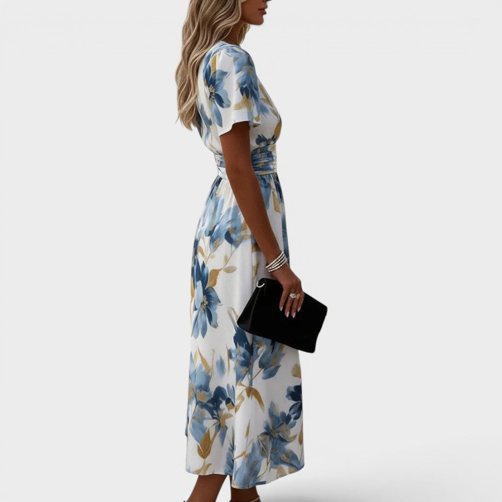 Vestido midi poliéster floral con cuello cruzado para cenas