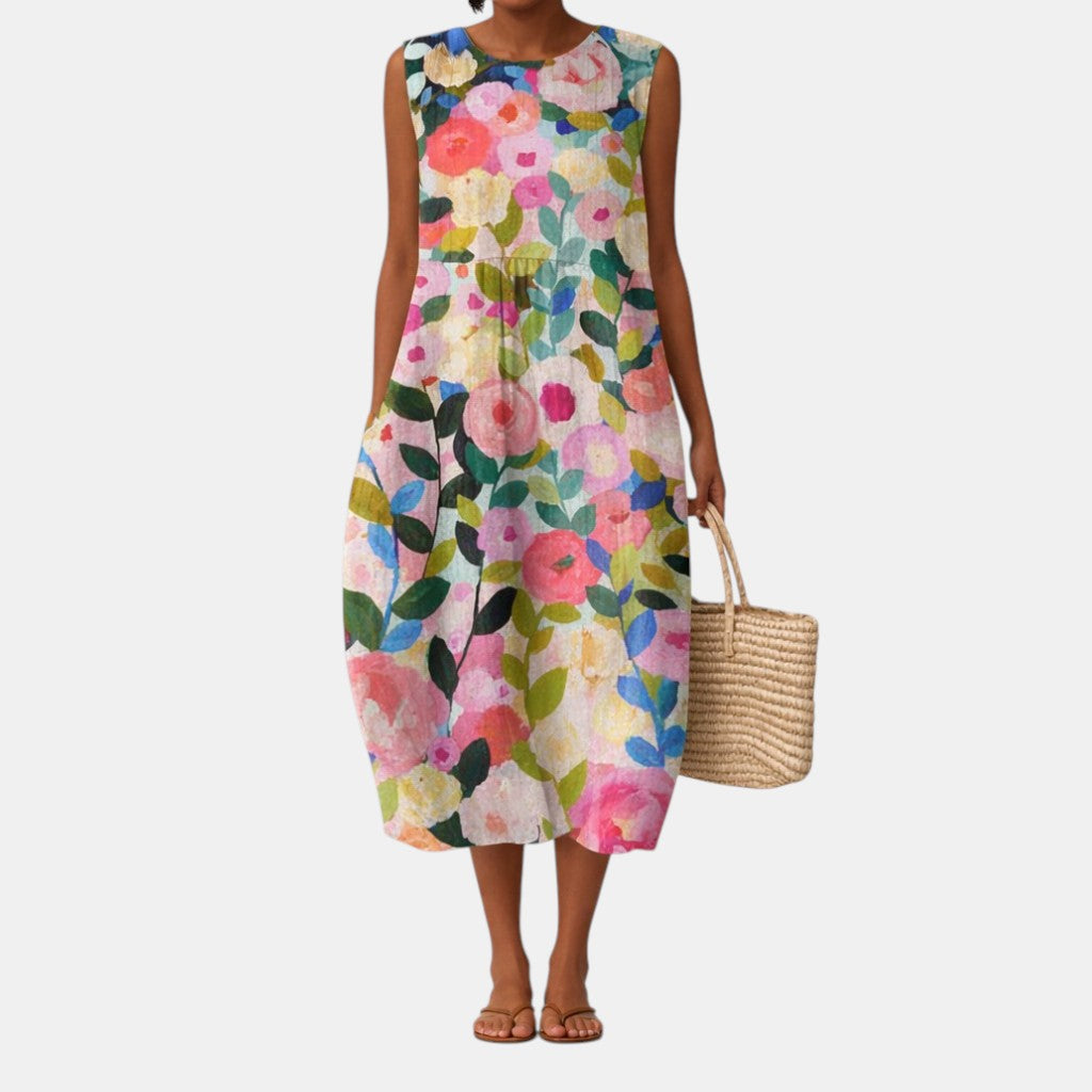 Vestido midi mujer algodón viscosa floral sin mangas verano
