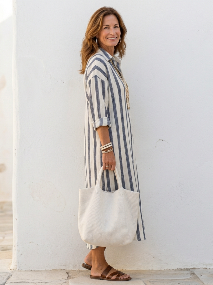 Vestido midi para mujer con rayas verticales y cuello camisero