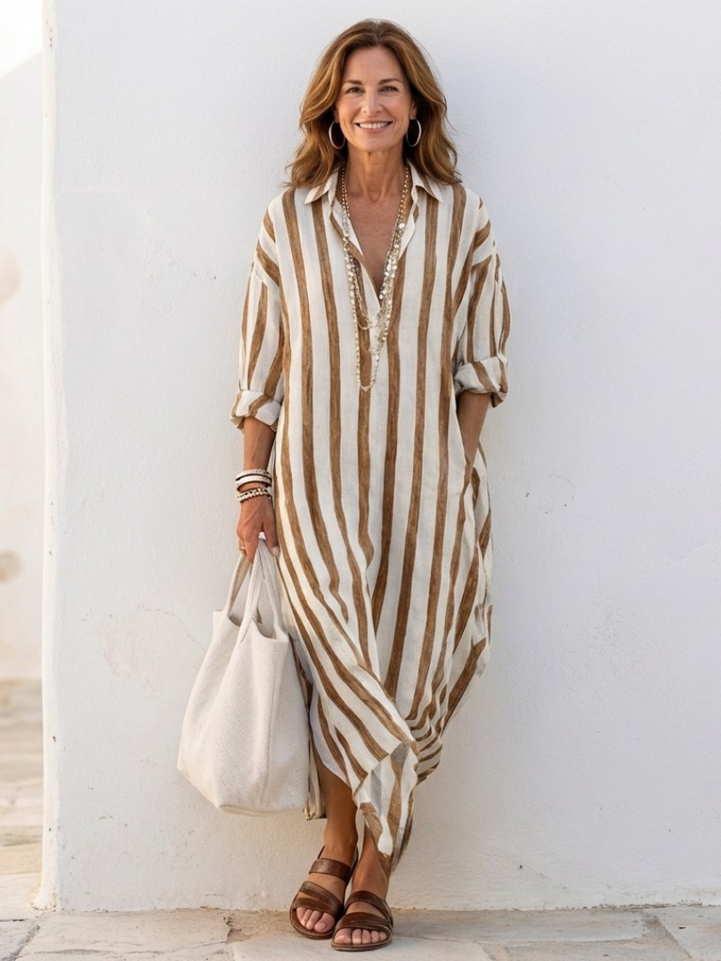 Vestido midi para mujer con rayas verticales y cuello camisero