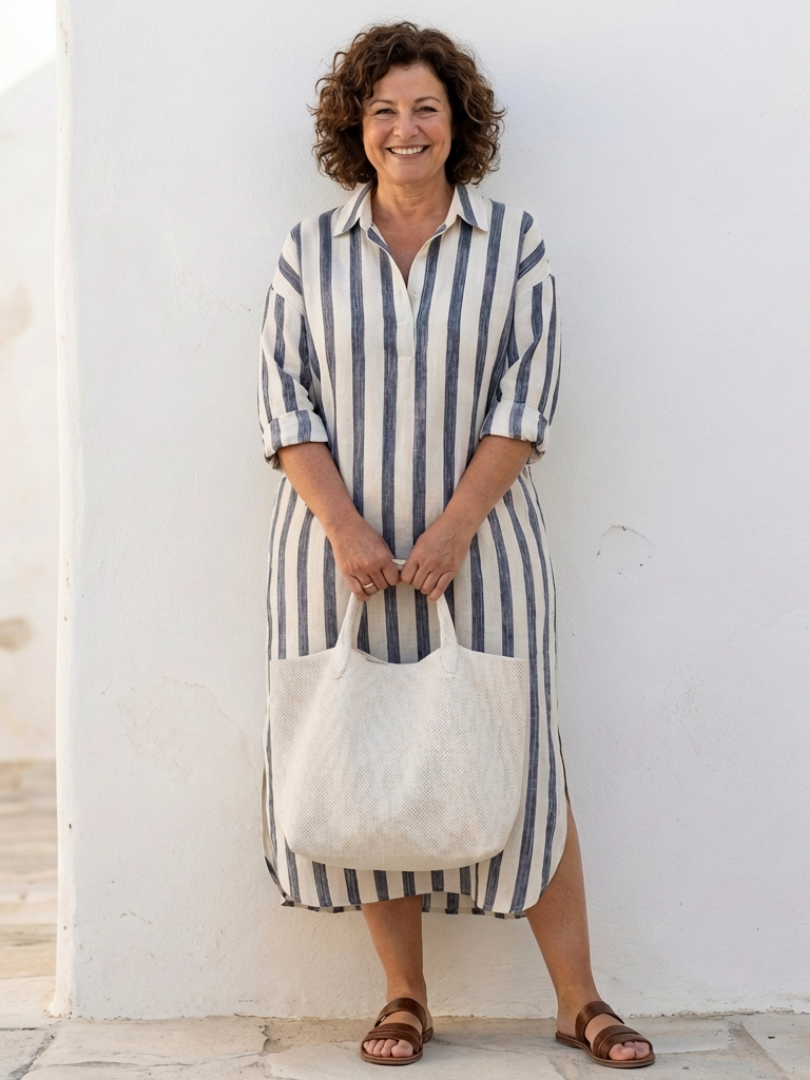 Vestido midi para mujer con rayas verticales y cuello camisero