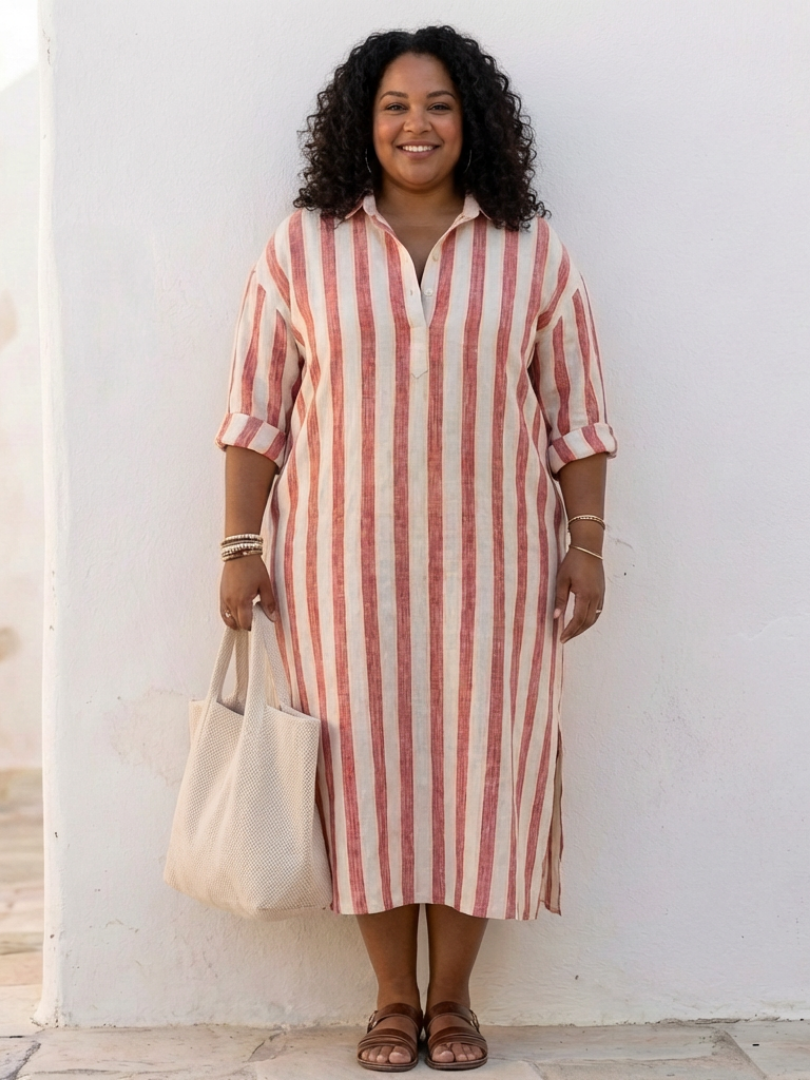 Vestido midi para mujer con rayas verticales y cuello camisero