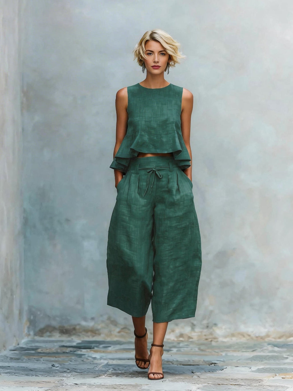 Conjunto de dos piezas para mujer con top de volantes y pantalón ancho