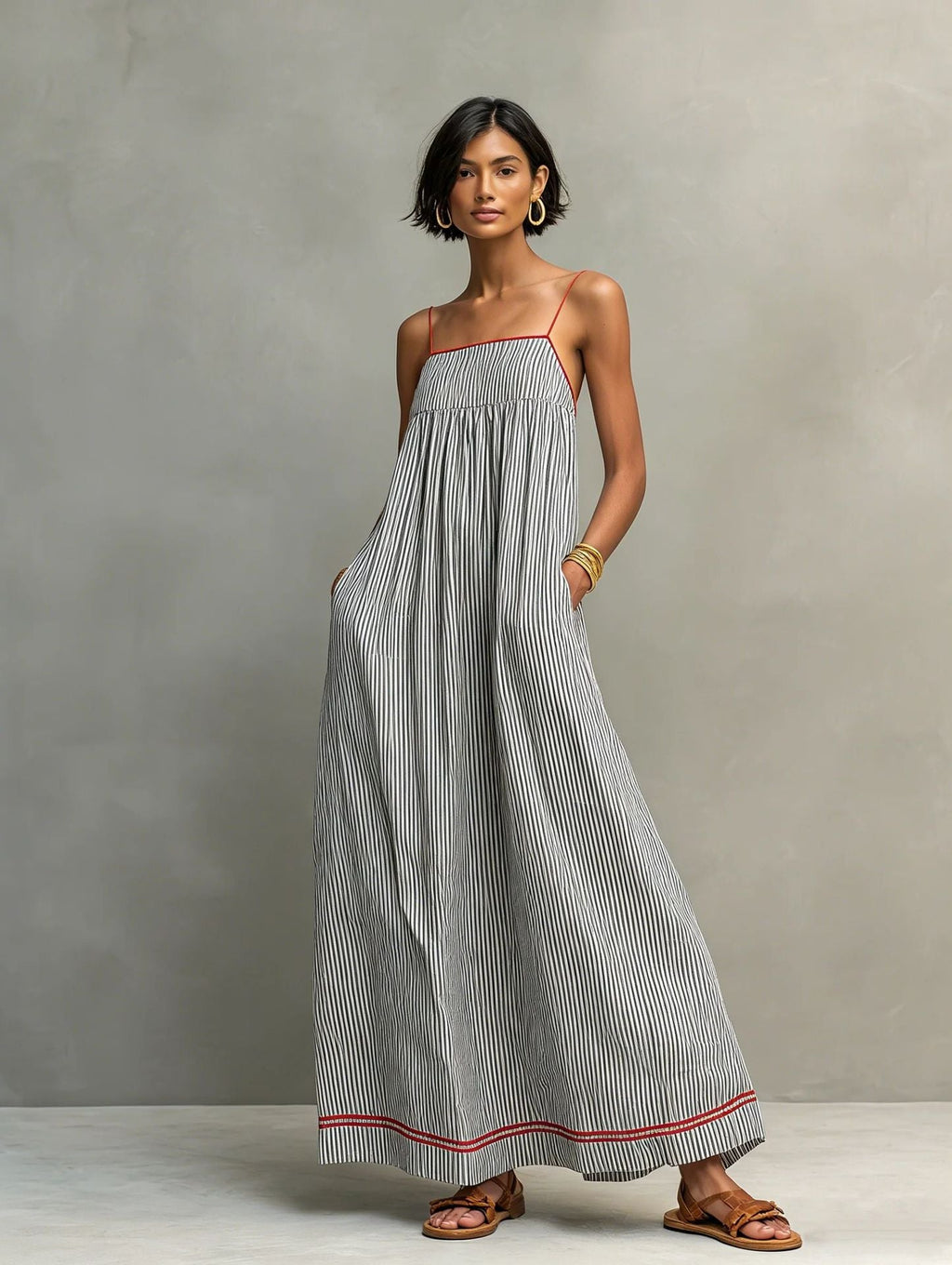 Vestido largo para mujer con rayas finas y tirantes delicados