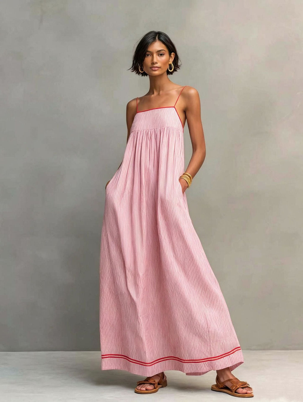 Vestido largo para mujer con rayas finas y tirantes delicados