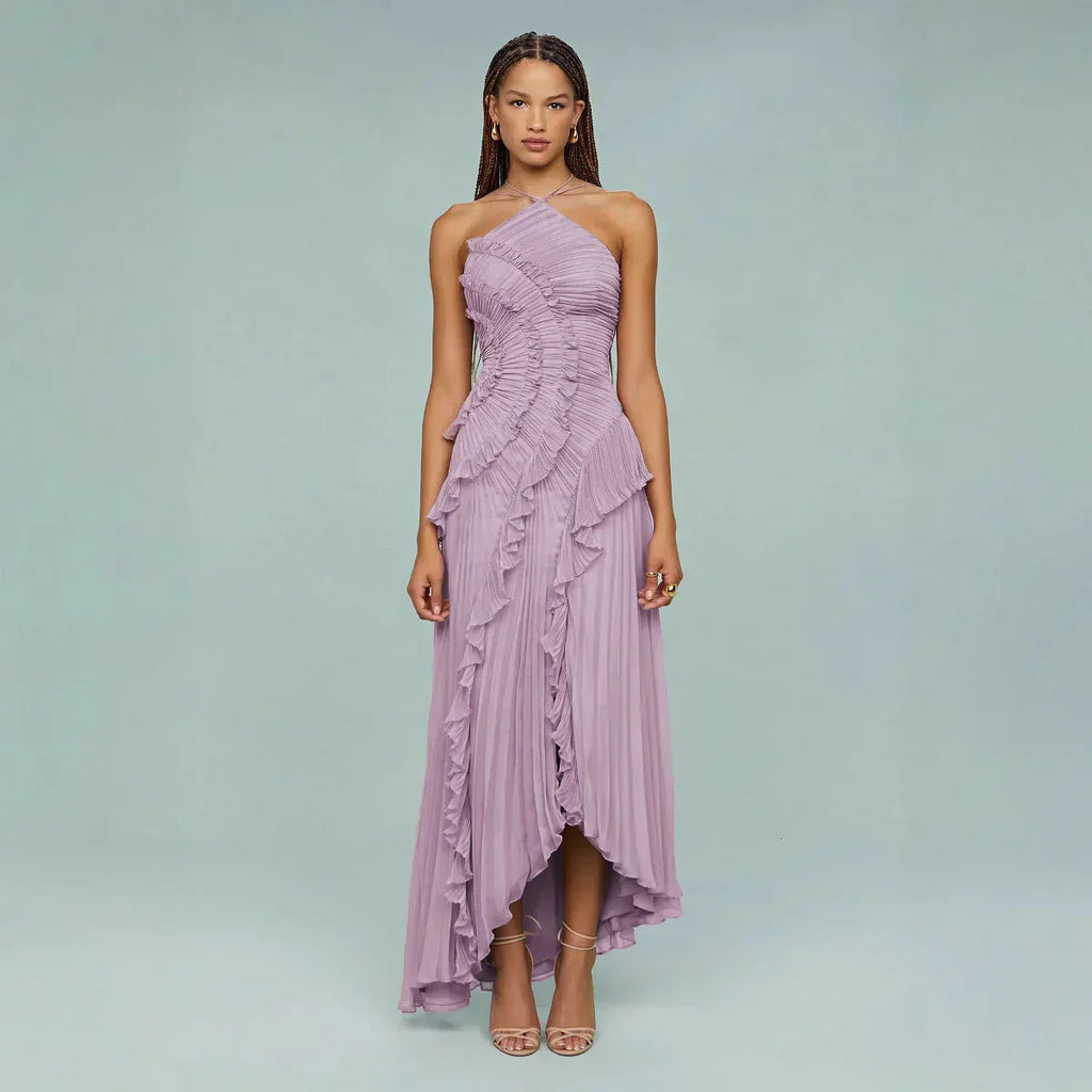 Vestido largo mujer con volantes y escote halter