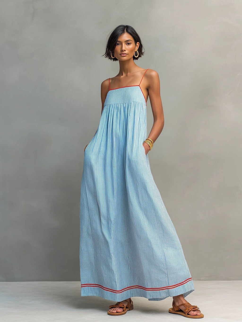 Vestido largo para mujer con rayas finas y tirantes delicados