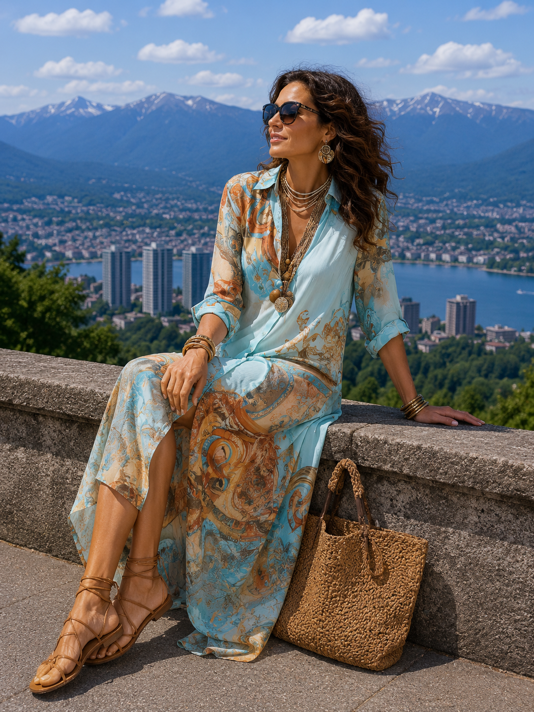 Vestido camisero largo para mujer con estampado artístico bohemio