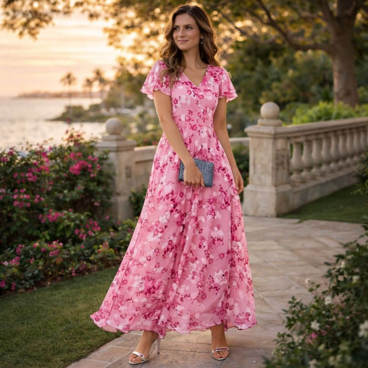Vestido maxi mujer con estampado floral y escote en V