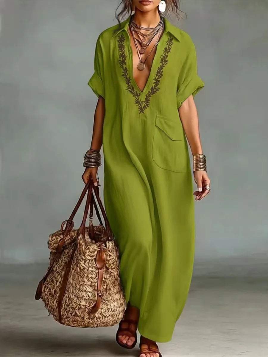 Vestido largo mujer efecto lino bordado con bolsillos boho