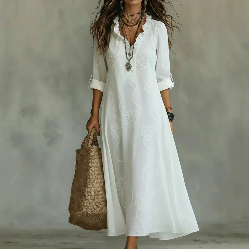 Vestido largo mujer bordado floral con mangas enrollables y cuello en V