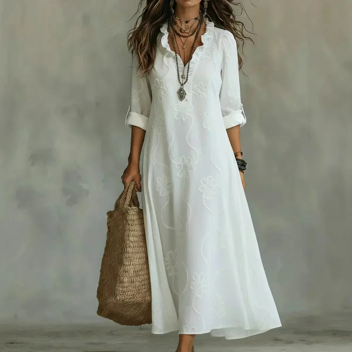 Vestido largo mujer bordado floral con mangas enrollables y cuello en V
