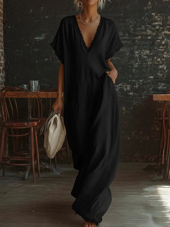 Vestido largo mujer con encaje y escote en V verano elegante