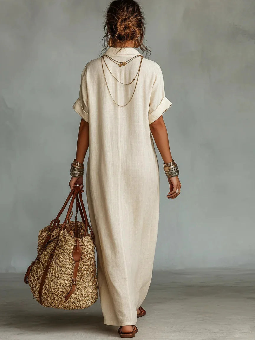 Vestido largo mujer efecto lino bordado con bolsillos boho