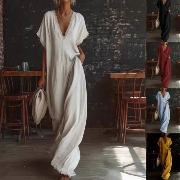 Vestido largo mujer con encaje y escote en V verano elegante