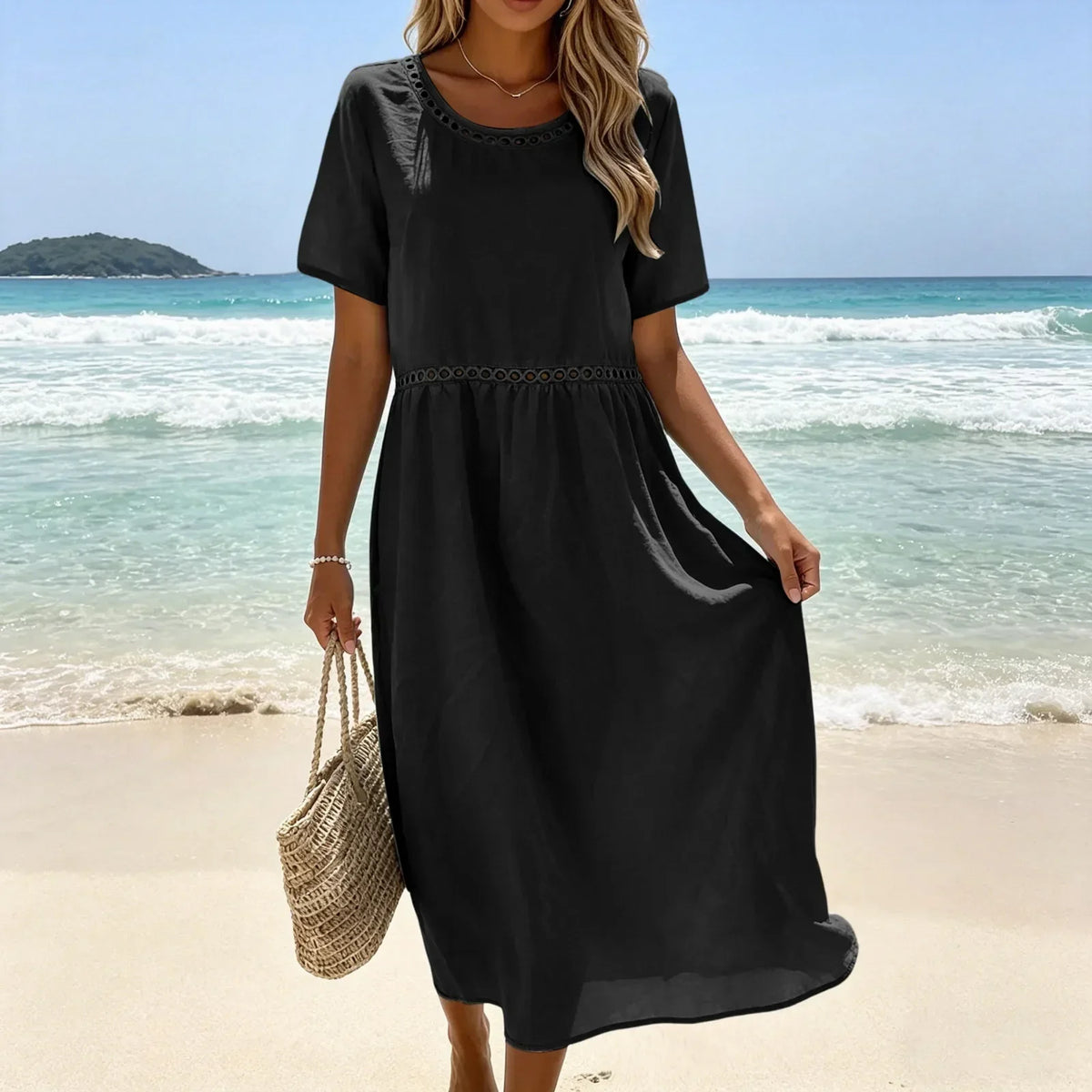 Vestido largo mujer algodón poliéster perforado verano casual